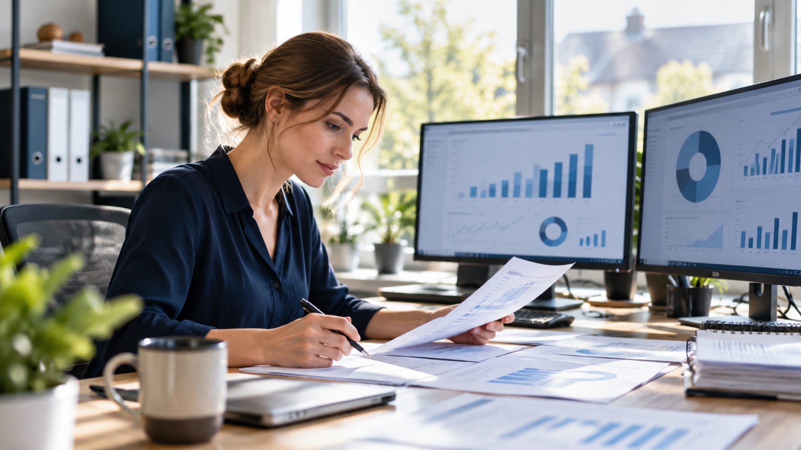 Finance analyst assembling charts and paper reports beside two monitors in a sunlit office.