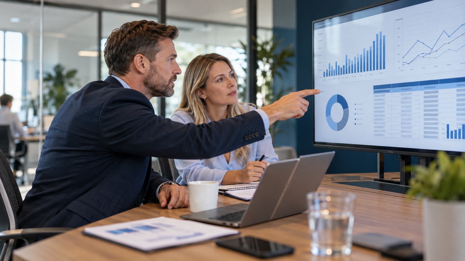 Commercial director comparing sales charts and cost tables with a finance colleague at a large monitor.