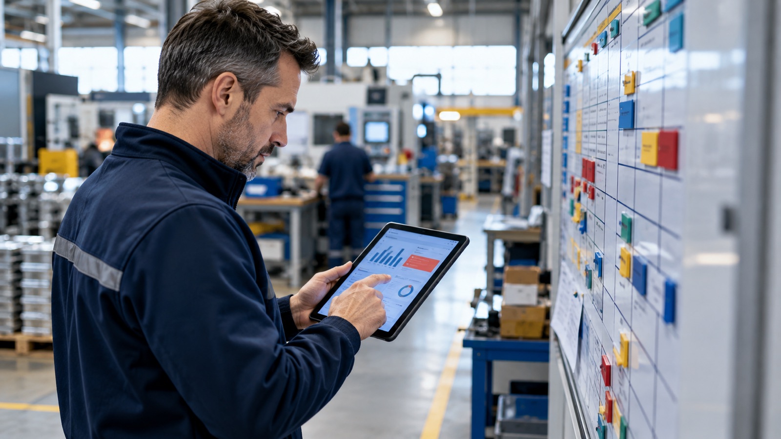 Operations manager checking a highlighted status alert on a tablet beside a factory planning board.