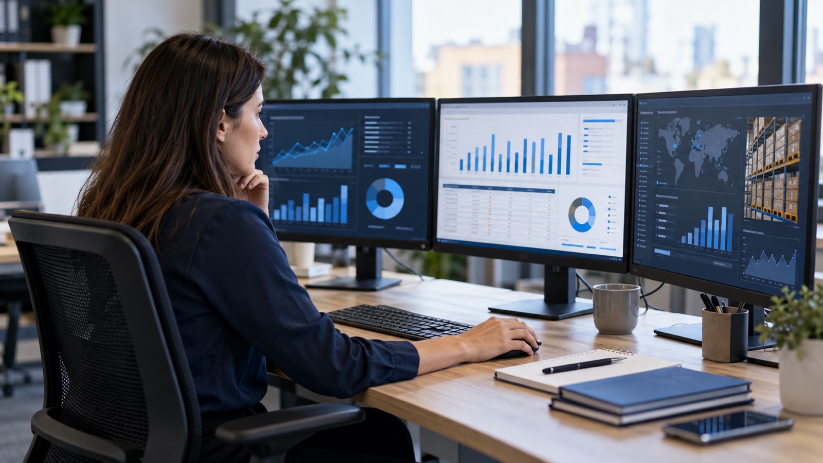 Data specialist comparing three monitors with abstract finance, customer and inventory dashboards.