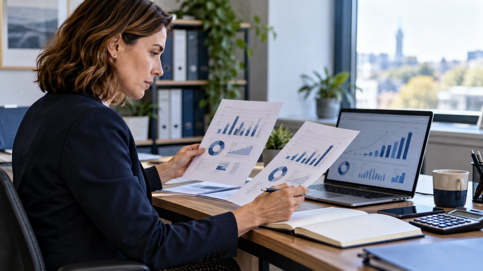 Finance manager comparing printed budget charts with actual-results charts on a laptop.
