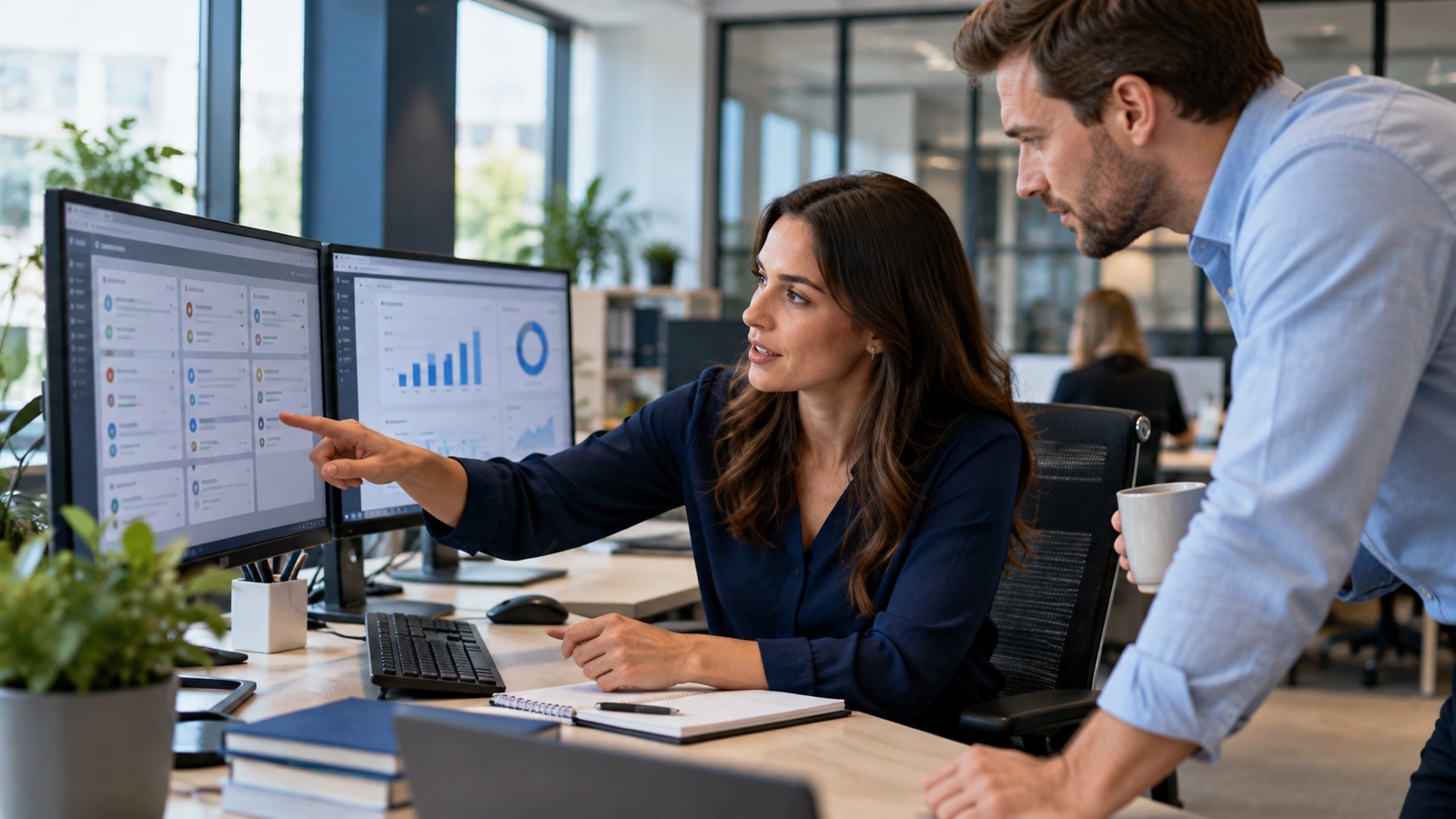 Sales coordinator reviewing incoming enquiry cards on a monitor while speaking with a colleague.