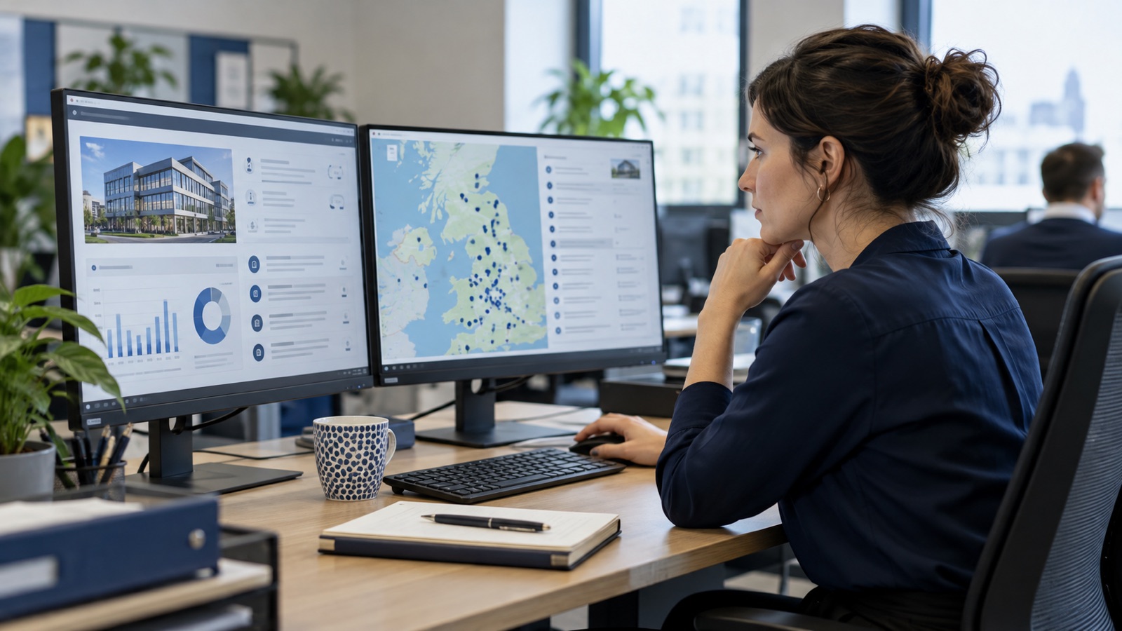 Business researcher comparing a company profile and a regional map on dual monitors.