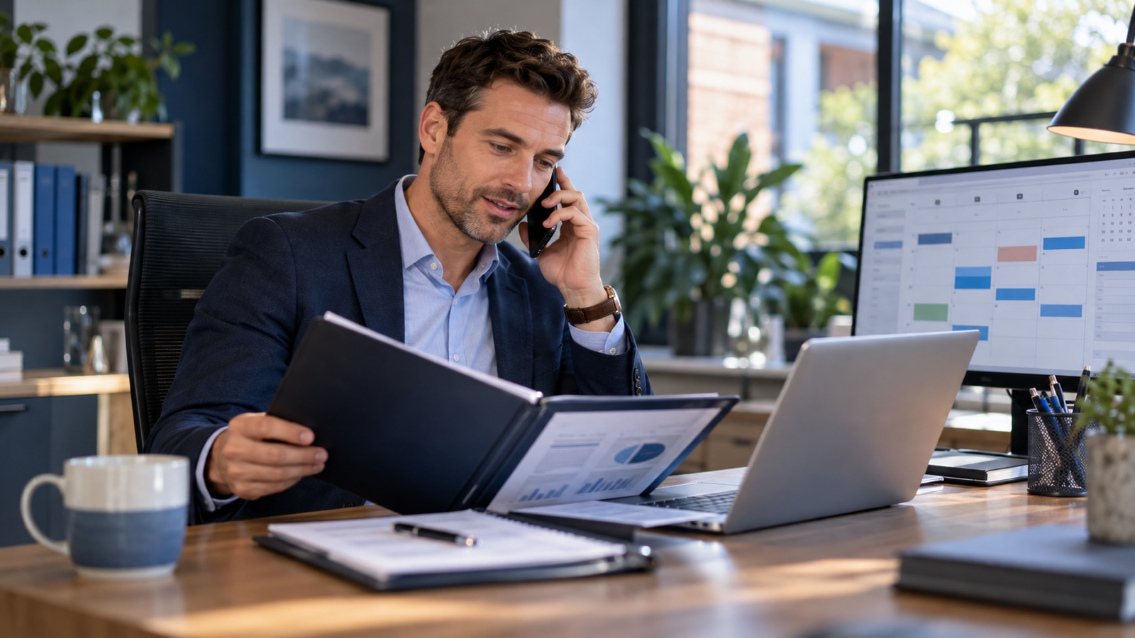Salesperson reviewing a task calendar and proposal folder while making a follow-up call.