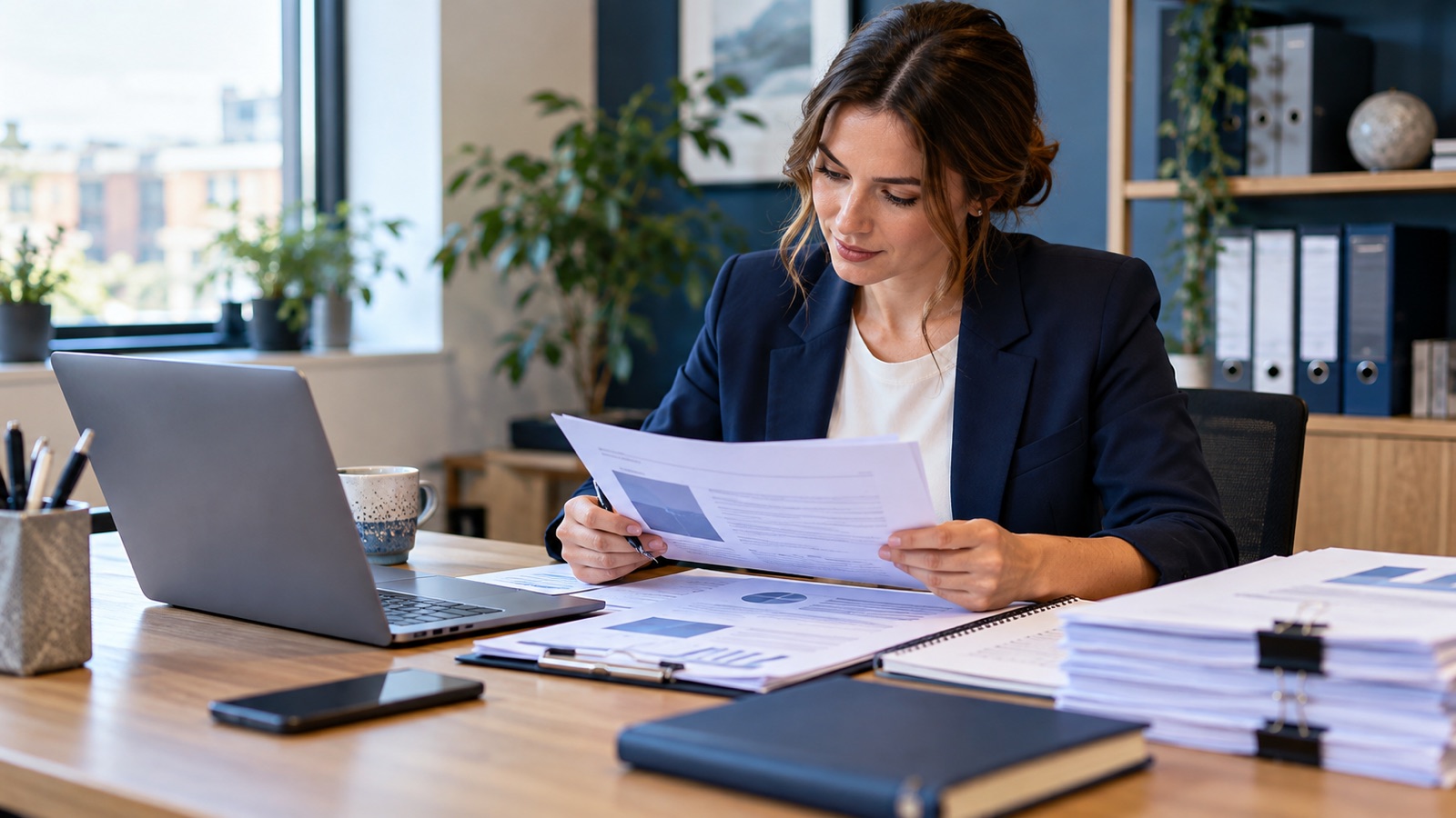 Consultant reviewing a neatly formatted proposal draft beside approved reference documents.