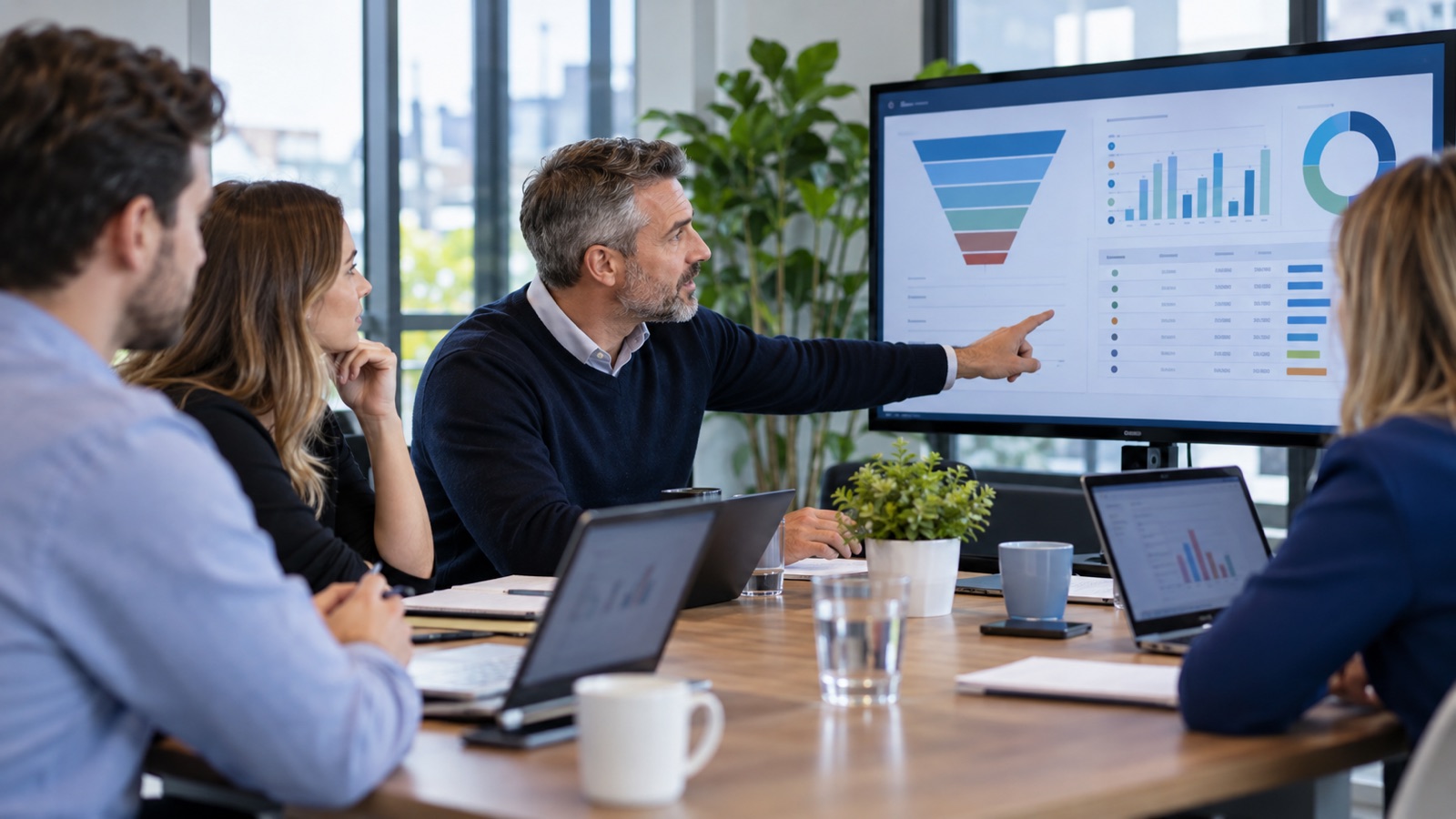 Sales manager examining a pipeline dashboard during a small team forecast meeting.