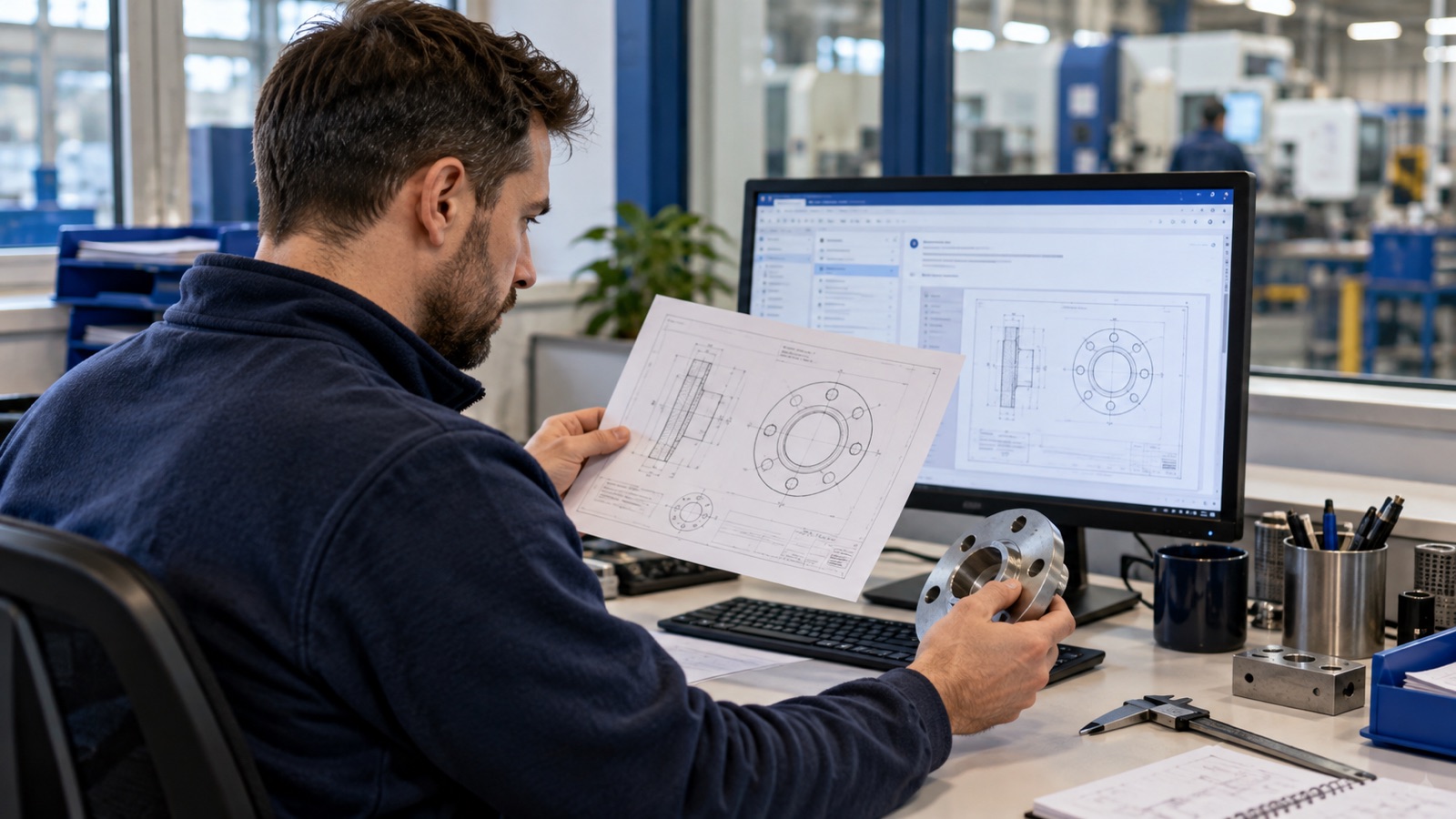 Estimator opening an email attachment with a technical drawing beside a component sample.