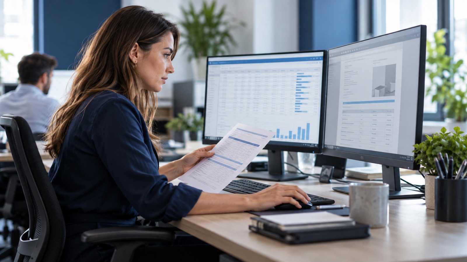 Quotation specialist checking a product price sheet and a quotation document on dual monitors.