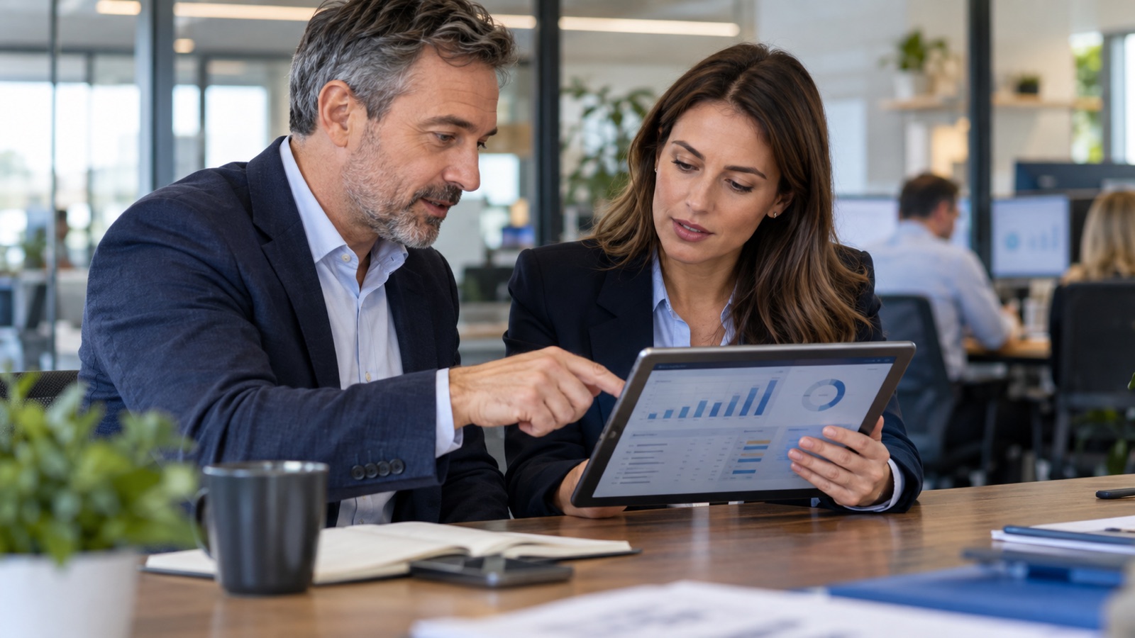 Commercial manager and salesperson reviewing a discount approval request together on a tablet.