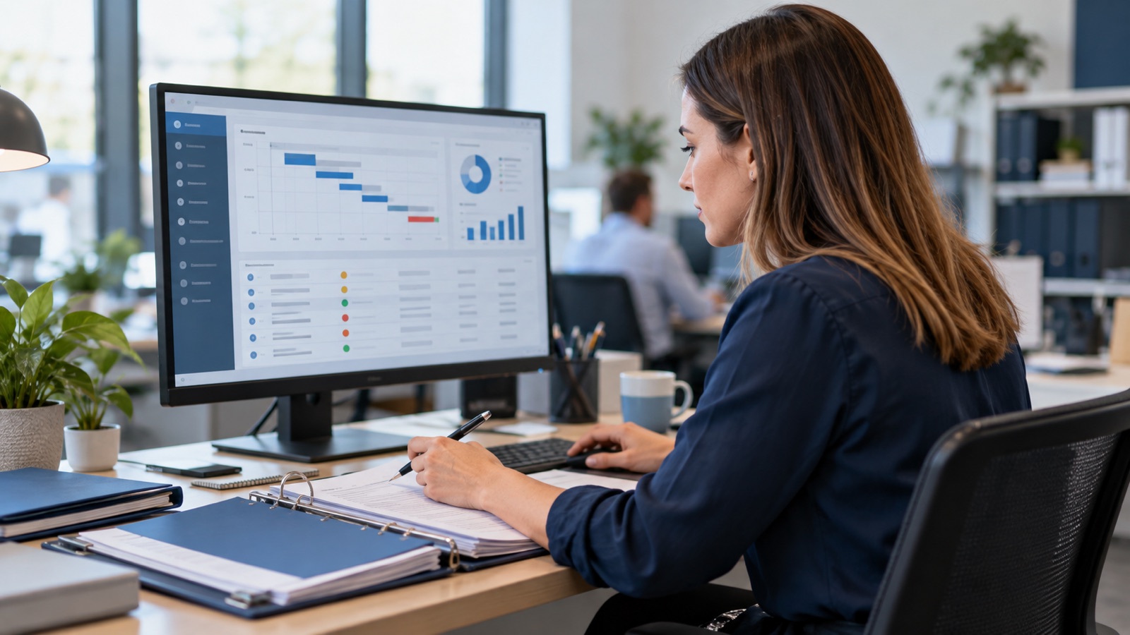 Sales administrator checking quotation dates on a dashboard beside an organised quote folder.
