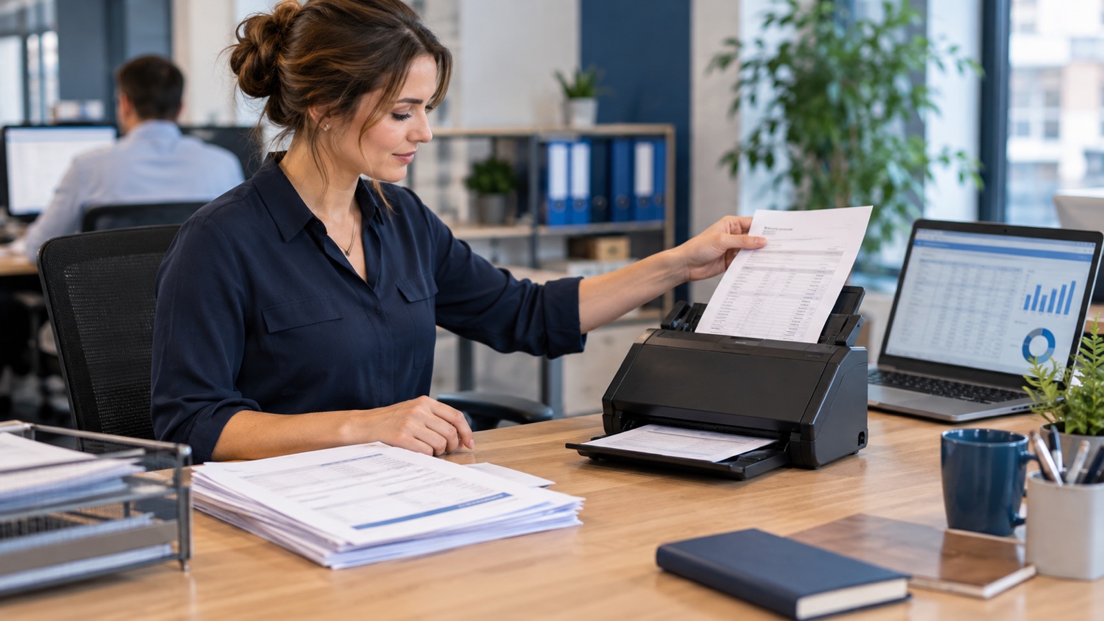 Accounts payable clerk scanning a supplier invoice beside a purchase order and laptop.