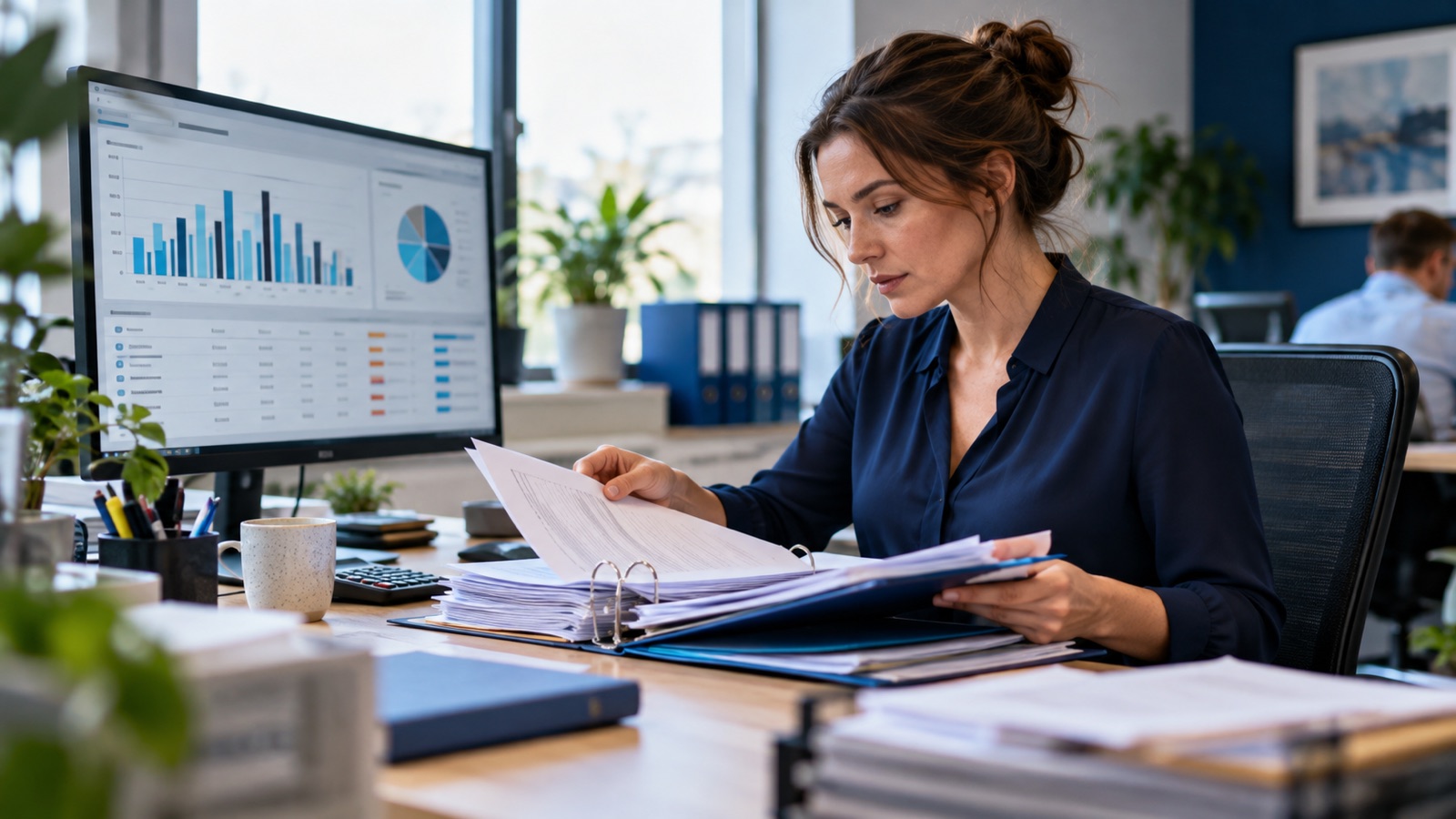 Credit controller reviewing an aged-debtor dashboard while checking an invoice folder.