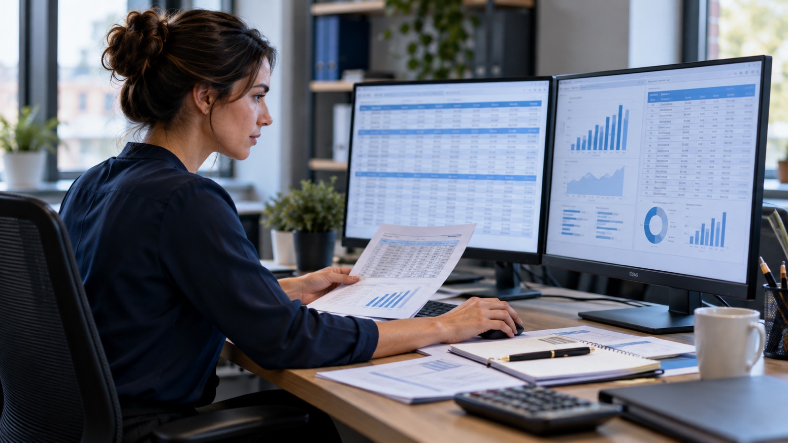 Finance analyst comparing settlement records and ledger tables across two screens.