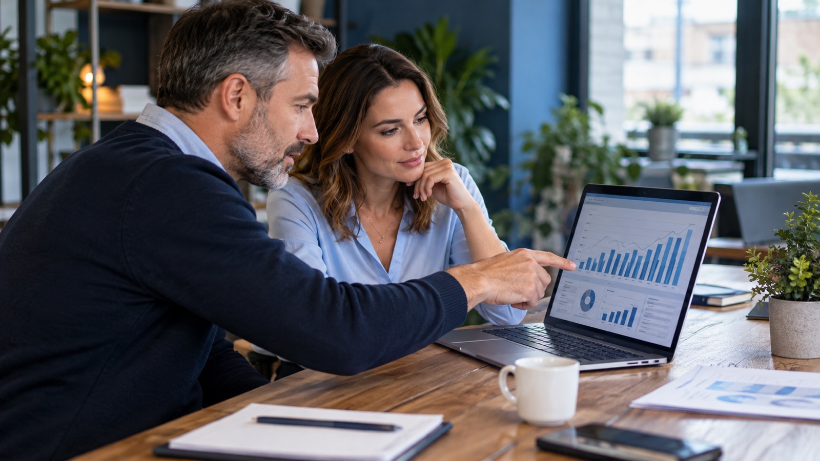 Business owner and accountant reviewing a cash-flow chart together at a laptop.