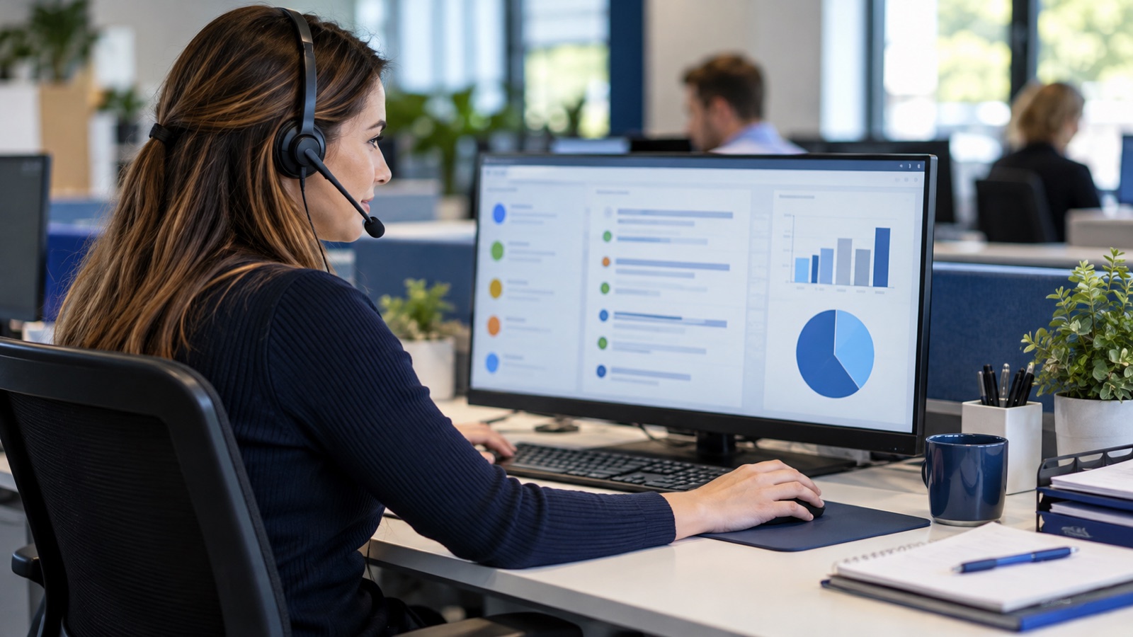 Customer service coordinator sorting enquiry categories on a monitor while wearing a headset.