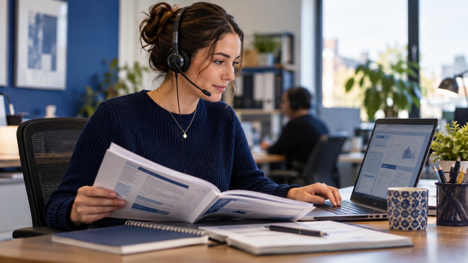 Support adviser comparing an approved manual with a draft response on a laptop.