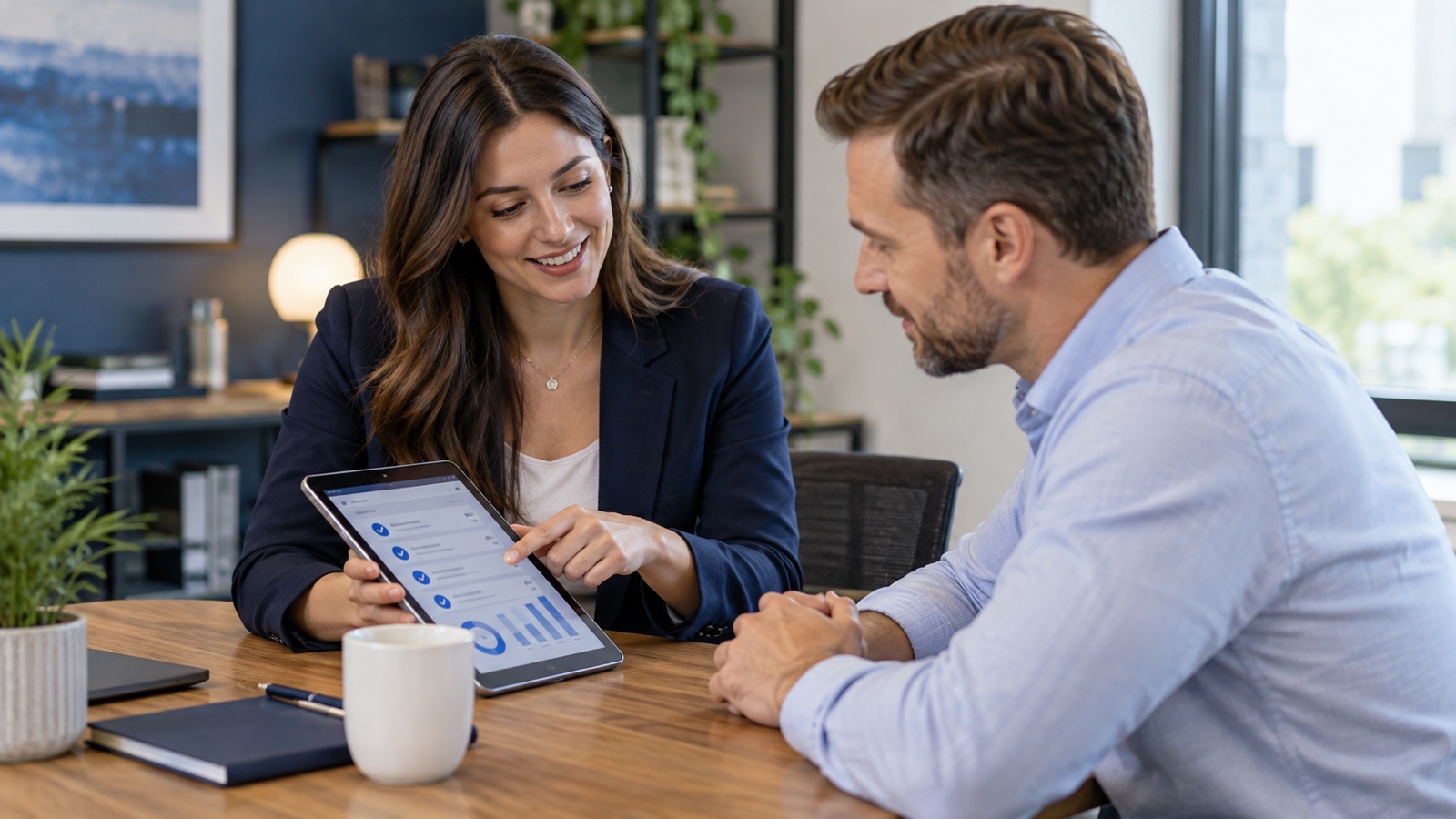 Client success manager guiding a new client through an onboarding checklist on a tablet.
