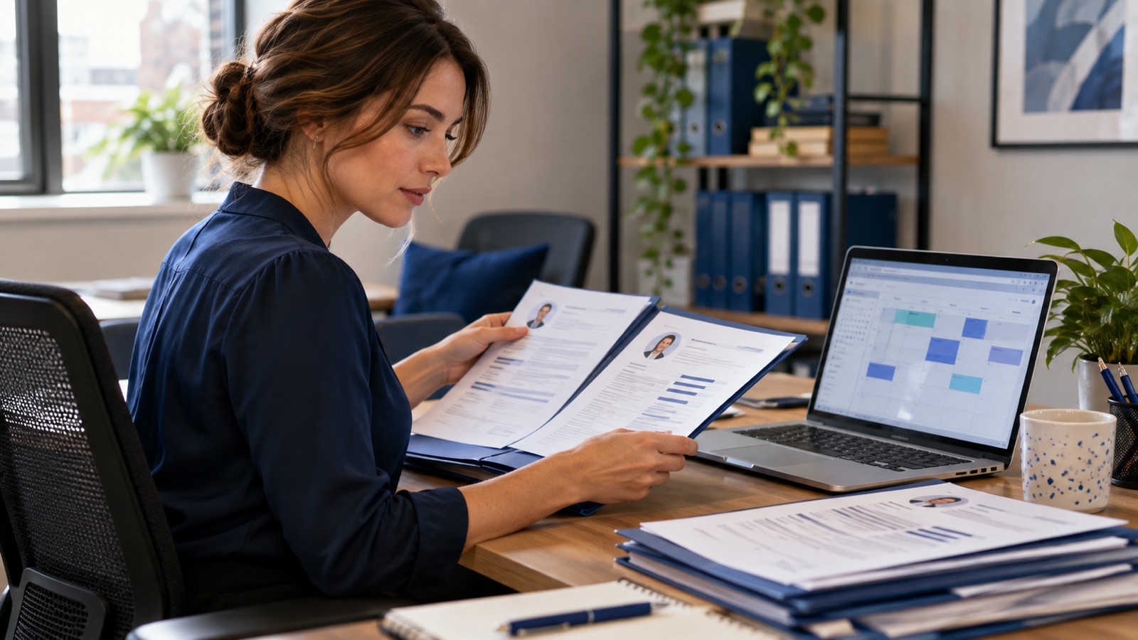 Recruitment coordinator comparing candidate folders and interview calendar on a laptop.