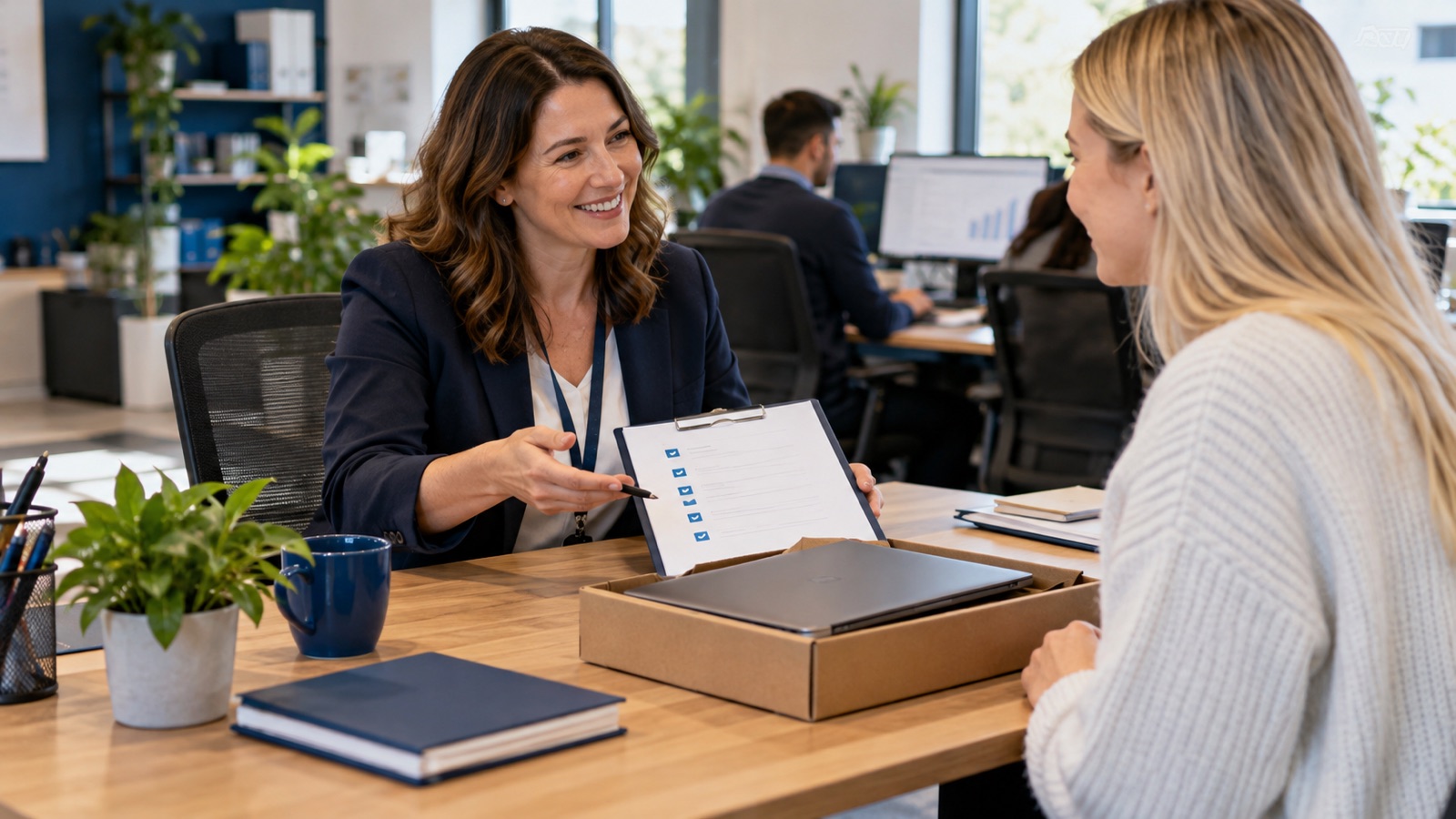 HR coordinator welcoming a new starter beside an induction checklist and boxed laptop.