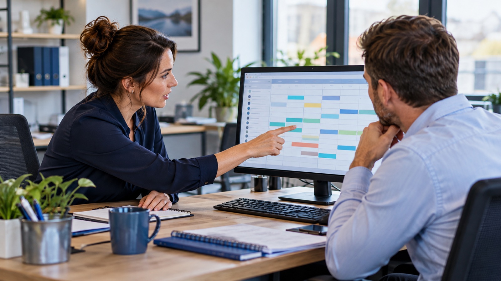 Office manager reviewing a team leave calendar with a colleague across a desk.