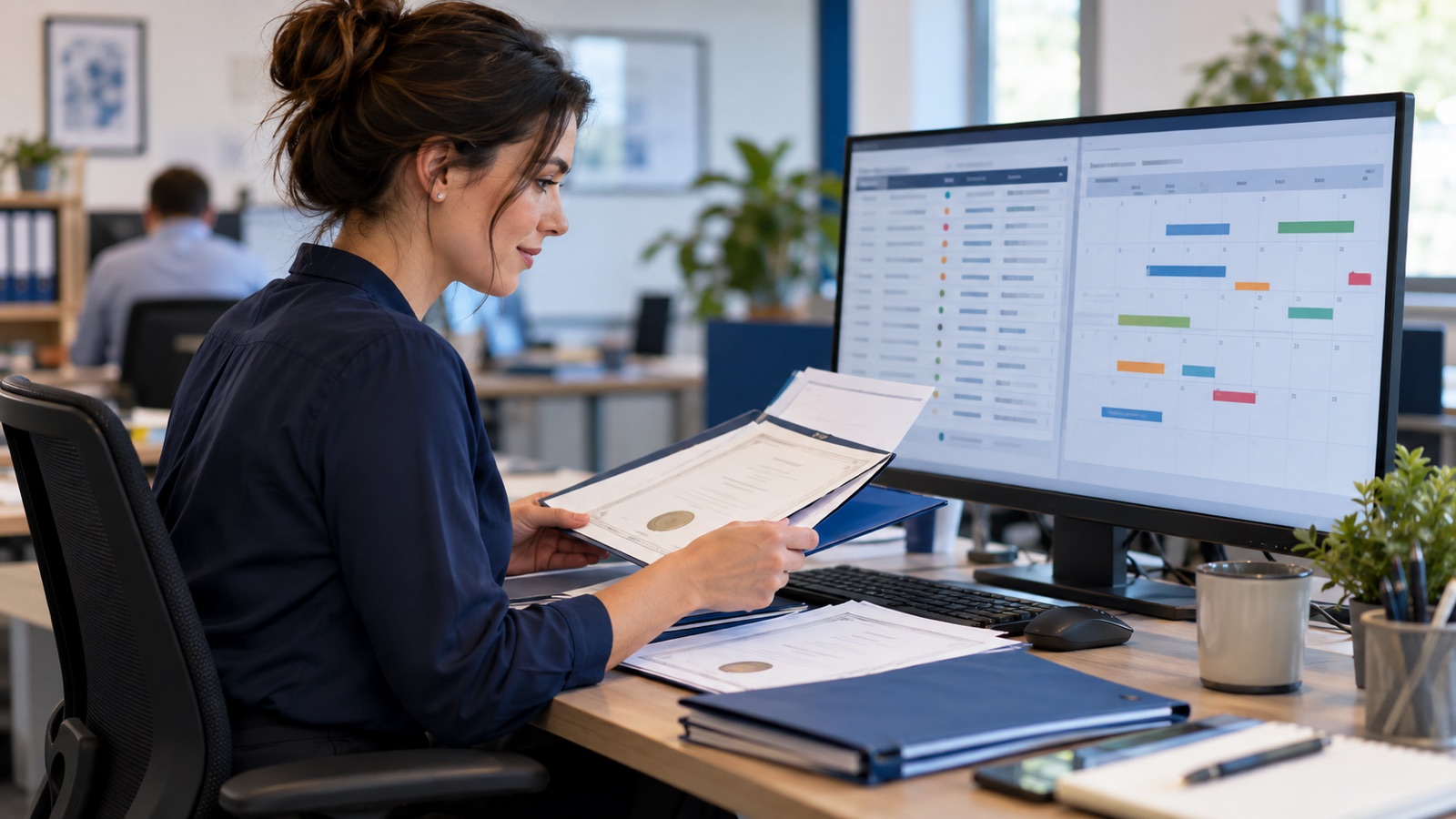 Training coordinator checking certificates and a renewal calendar on a monitor.