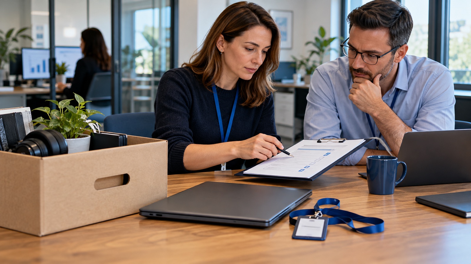 IT and HR colleagues checking a leaver checklist beside a returned laptop and access badge.