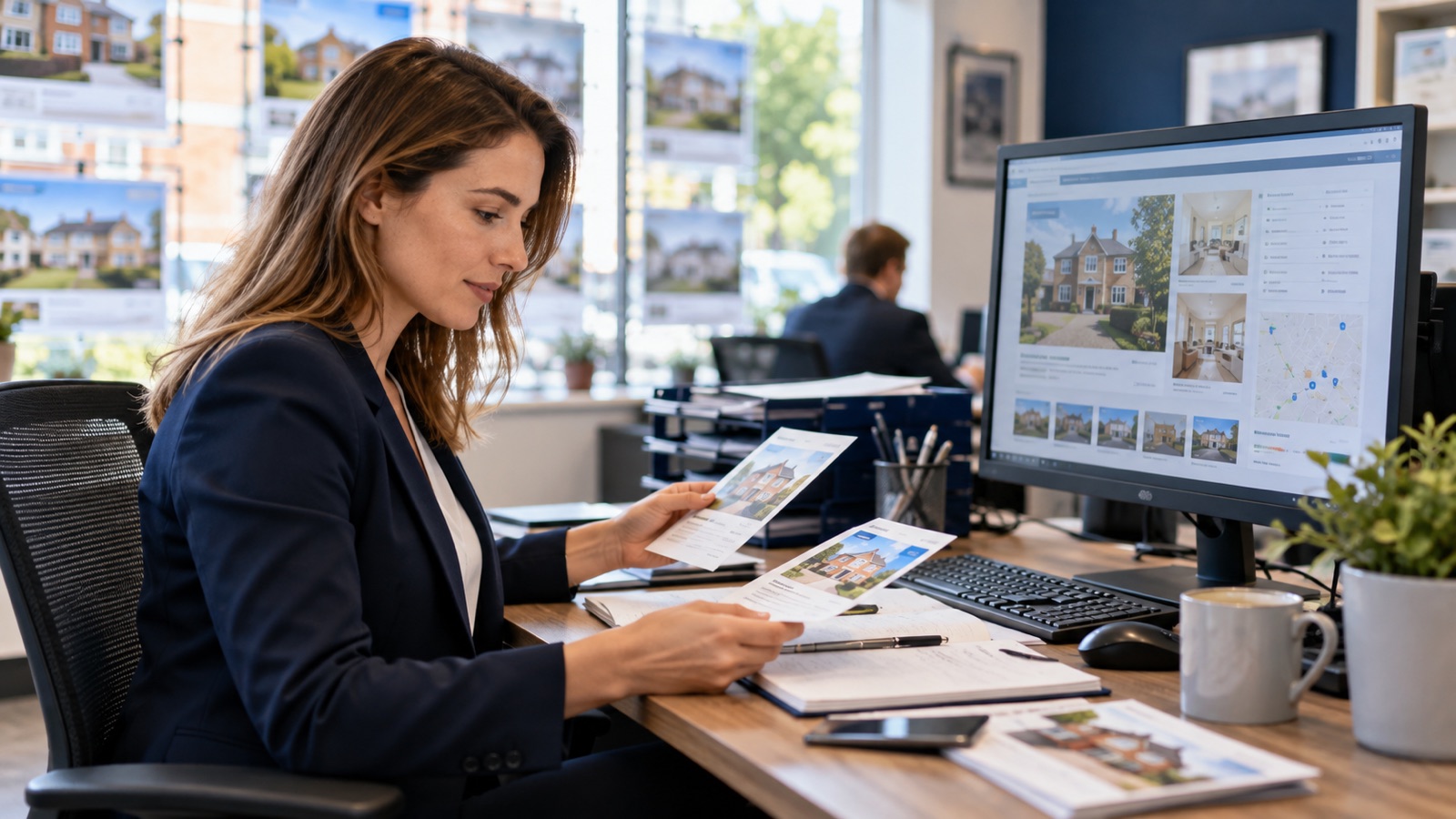 Estate agency coordinator comparing incoming enquiry cards with property photographs on a monitor.