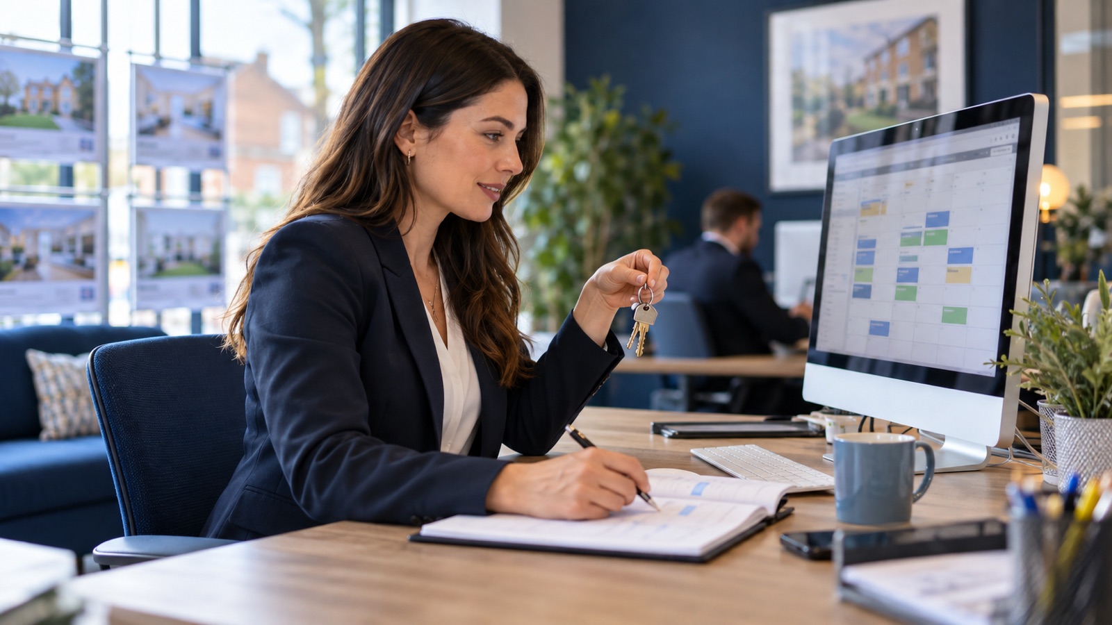 Estate agent checking a viewing calendar while holding keys at an agency desk.