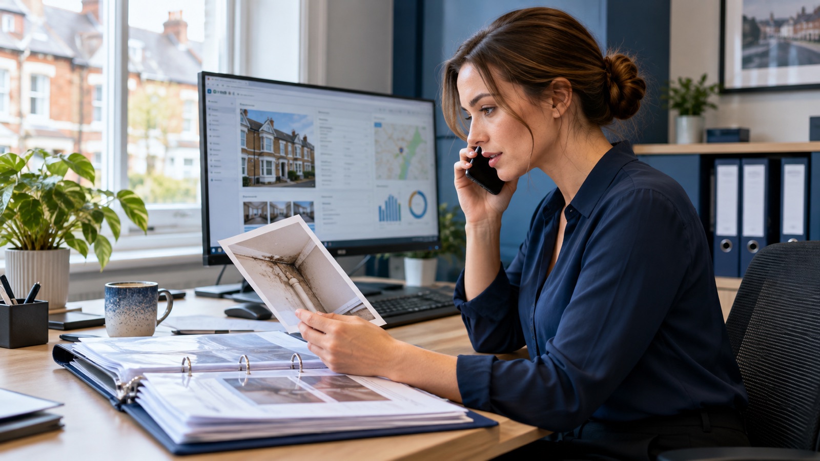 Lettings coordinator viewing a repair photograph and speaking by phone beside a property folder.