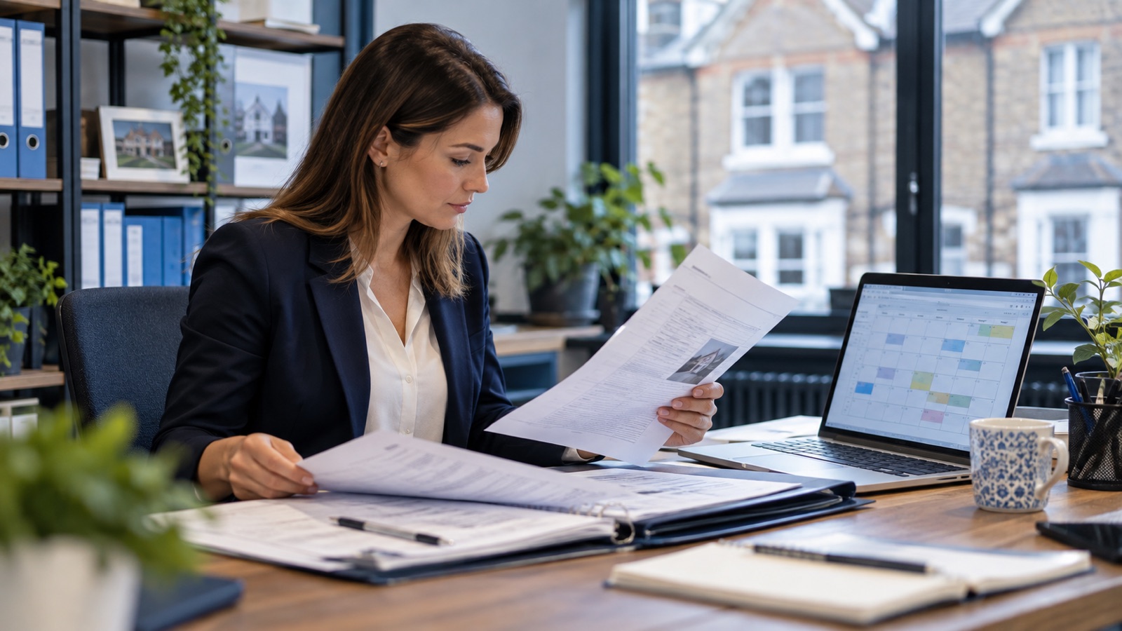 Property manager comparing inspection certificates with a property renewal calendar.