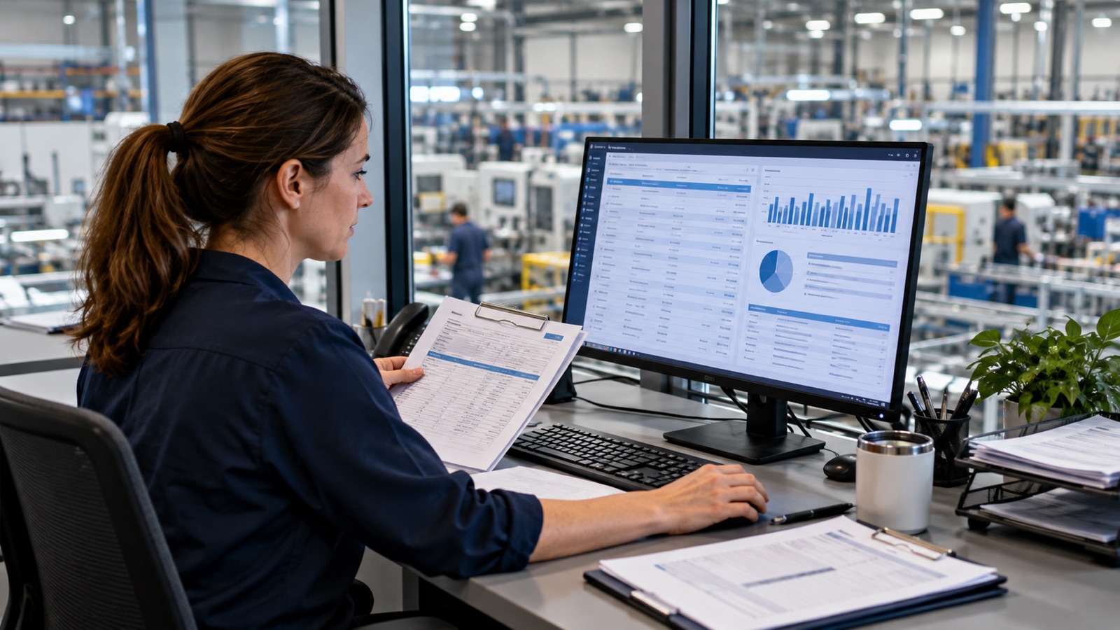 Order administrator comparing a sales order with an ERP screen overlooking a factory.