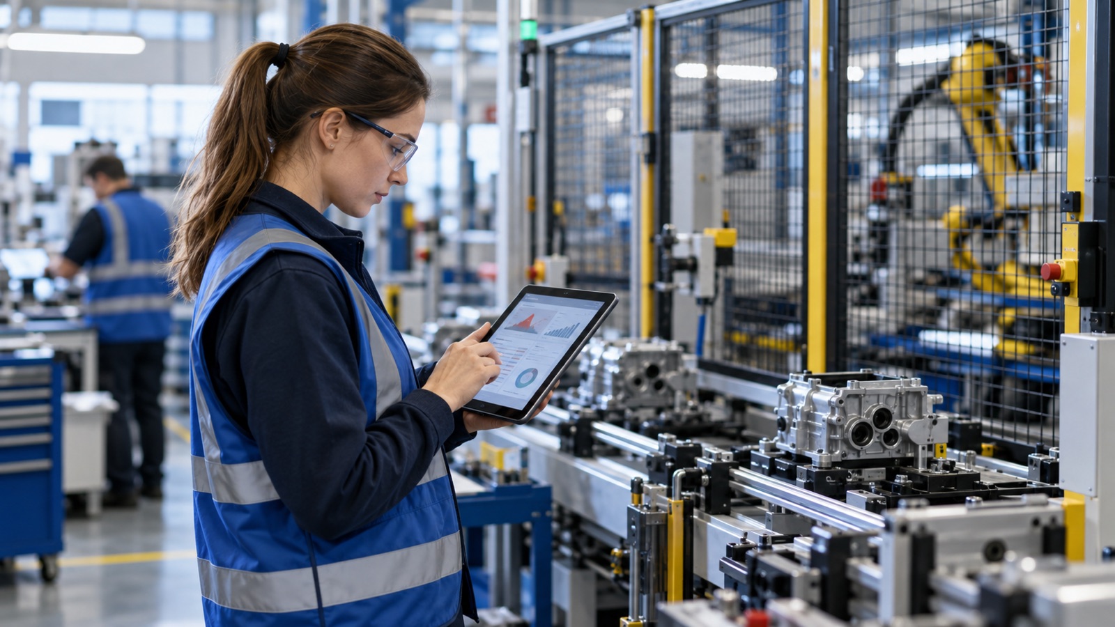 Production planner reviewing a delay alert on a tablet beside a guarded assembly line.