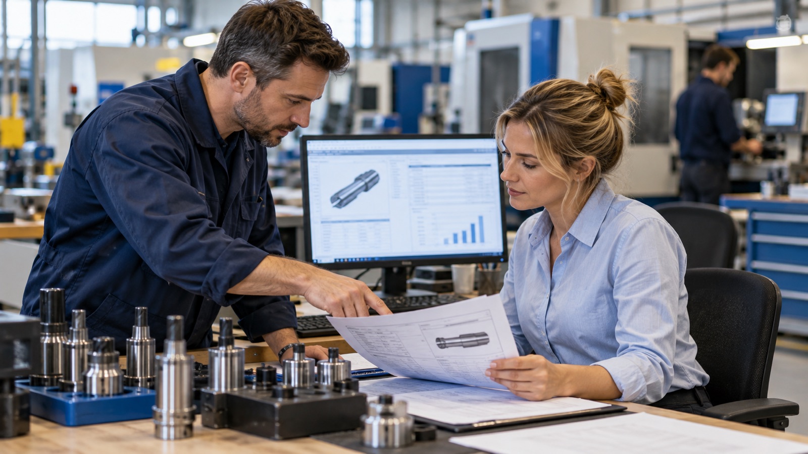 Factory supervisor reviewing a tooling requisition with a purchasing colleague at a workstation.