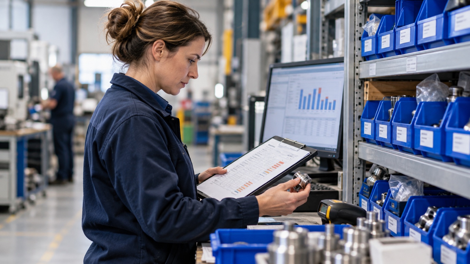 Materials planner checking a stock shortage report beside labelled component storage bins.