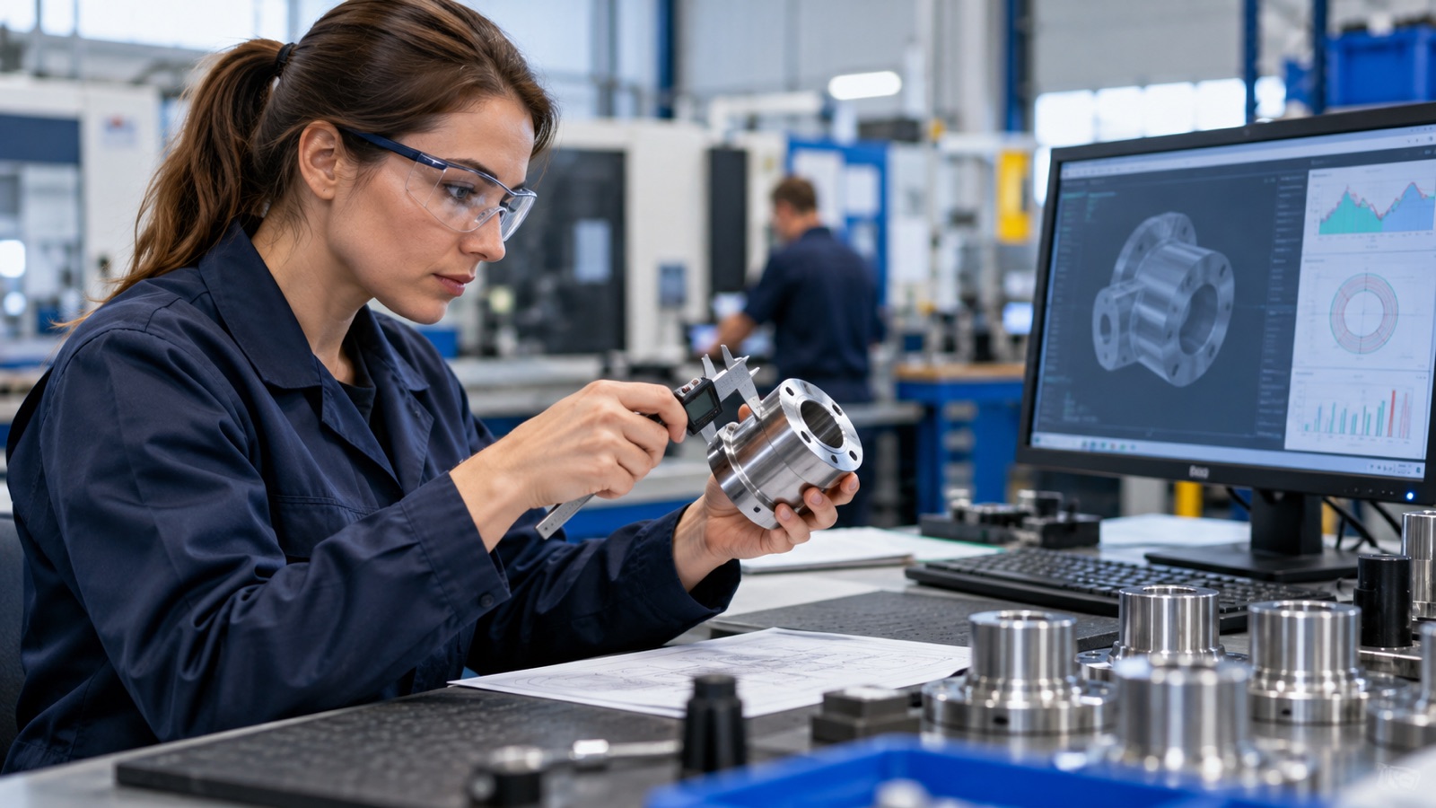 Quality inspector examining a metal component beside a digital inspection record.