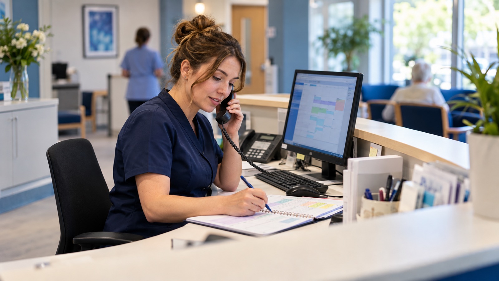 Clinic administrator reviewing a calendar while speaking on the telephone at reception.