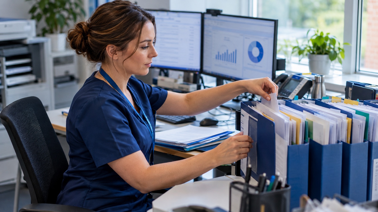 Healthcare administrator organising anonymous document folders beside a secure workstation.