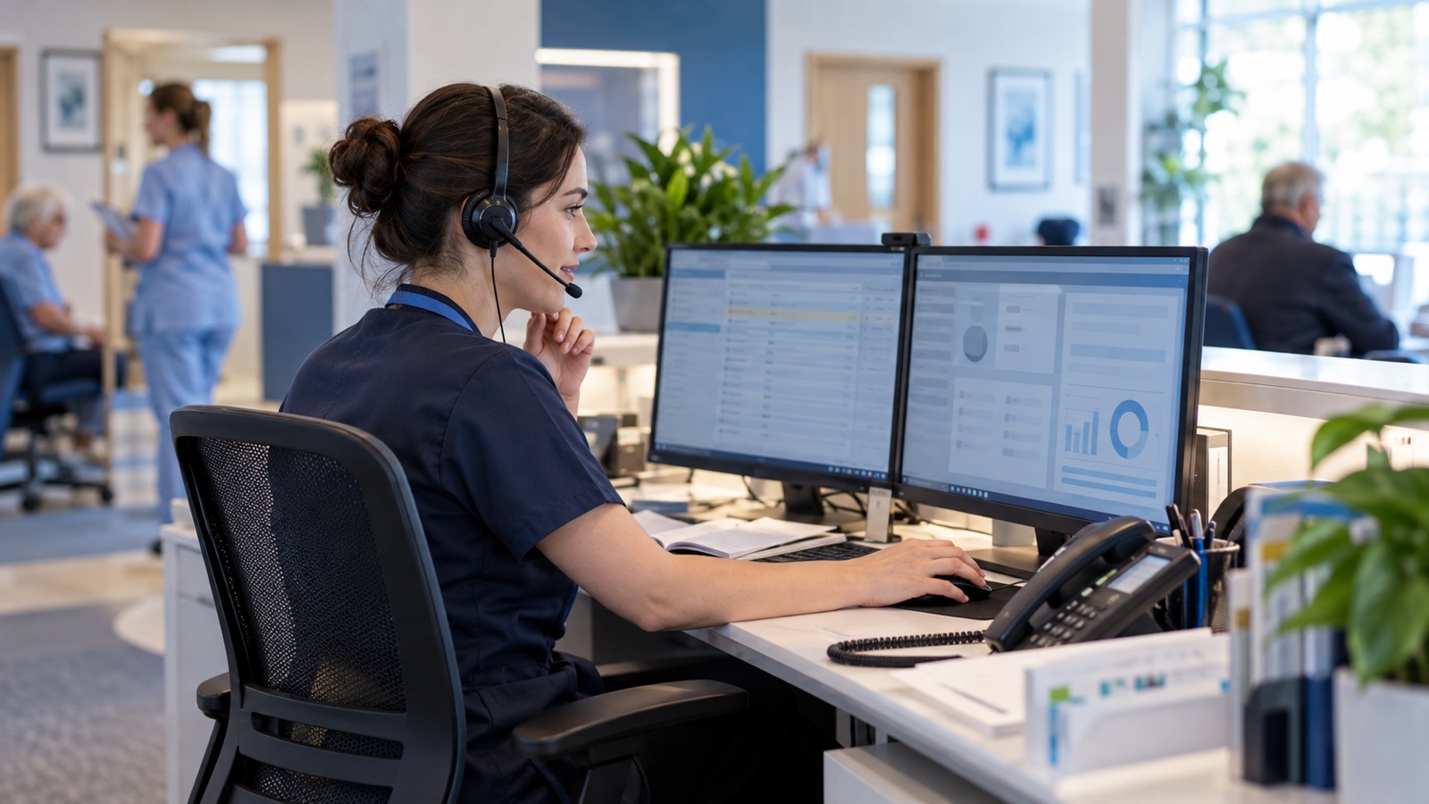 Clinic receptionist checking approved information on a monitor while wearing a headset.