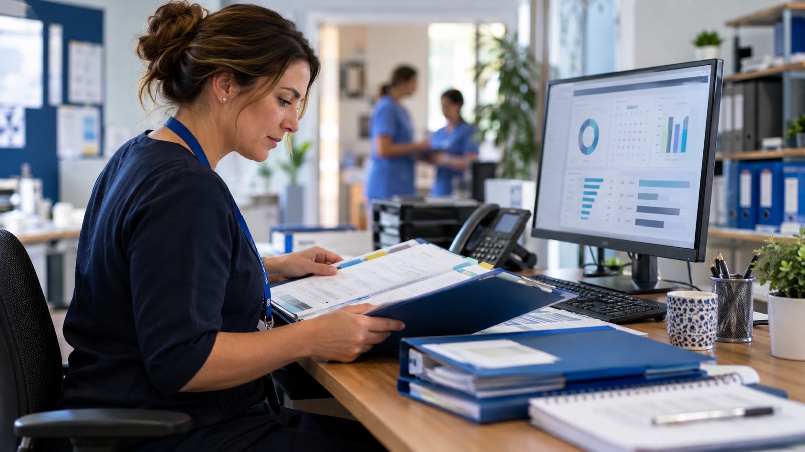Healthcare training coordinator reviewing staff training folders and a renewal dashboard.