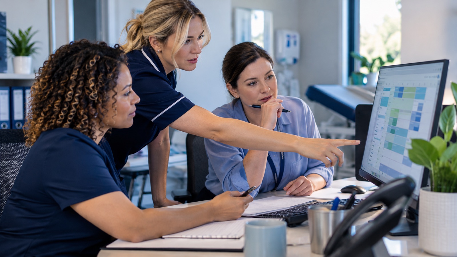 Clinic coordinator reviewing a room schedule with two administrative colleagues.