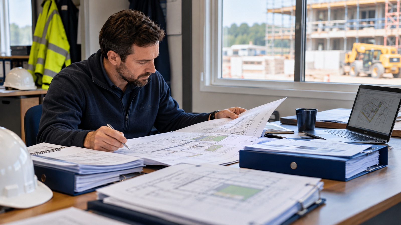 Construction estimator reviewing tender drawings and bid folders at a site office table.