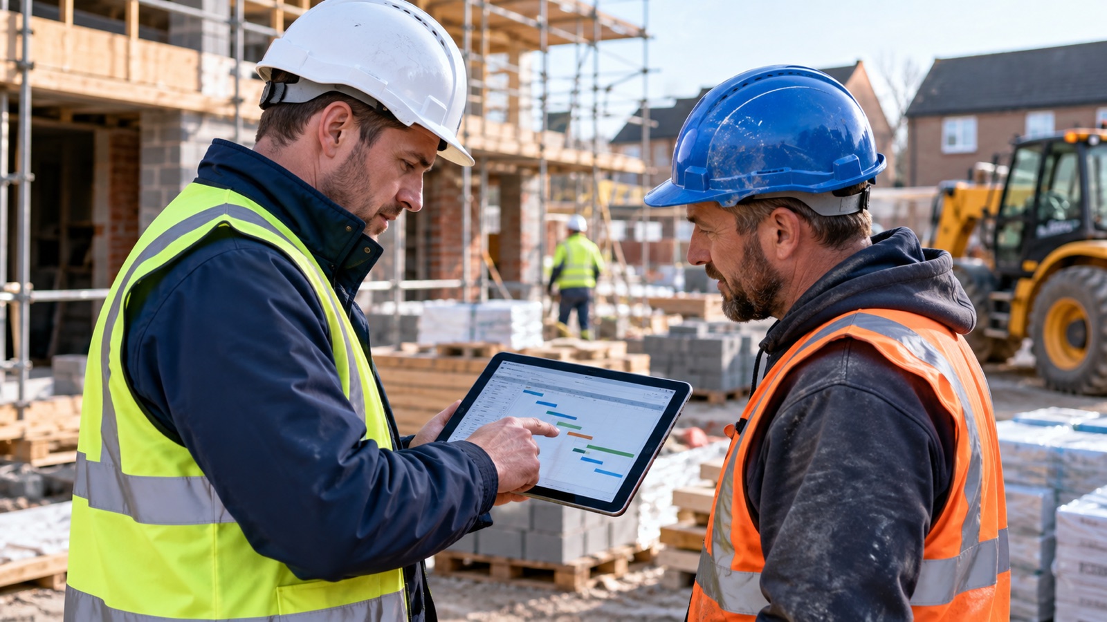 Site manager discussing a work schedule on a tablet with a subcontractor in hard hats.