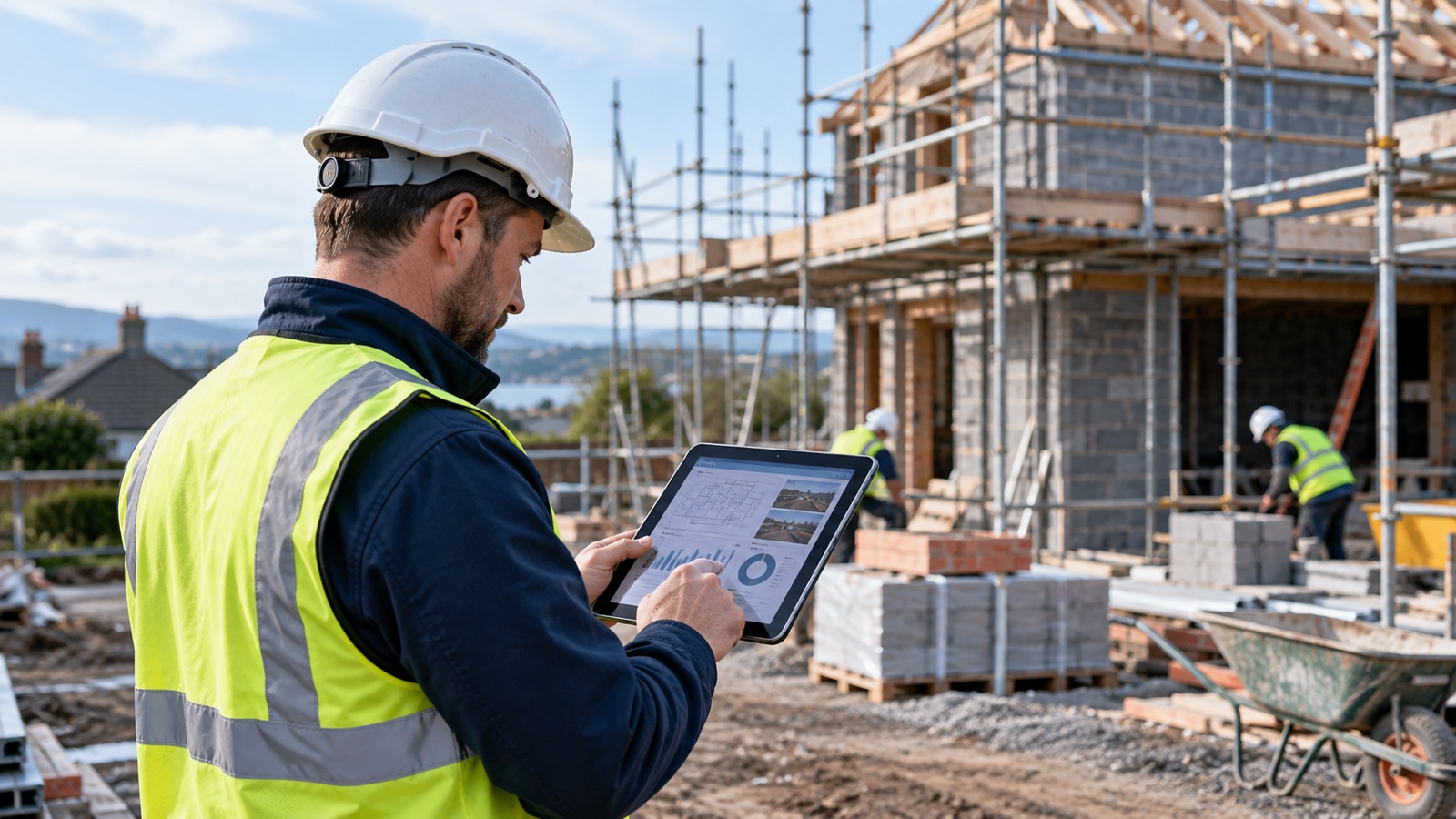Construction supervisor recording site progress with a tablet beside a partly completed building.