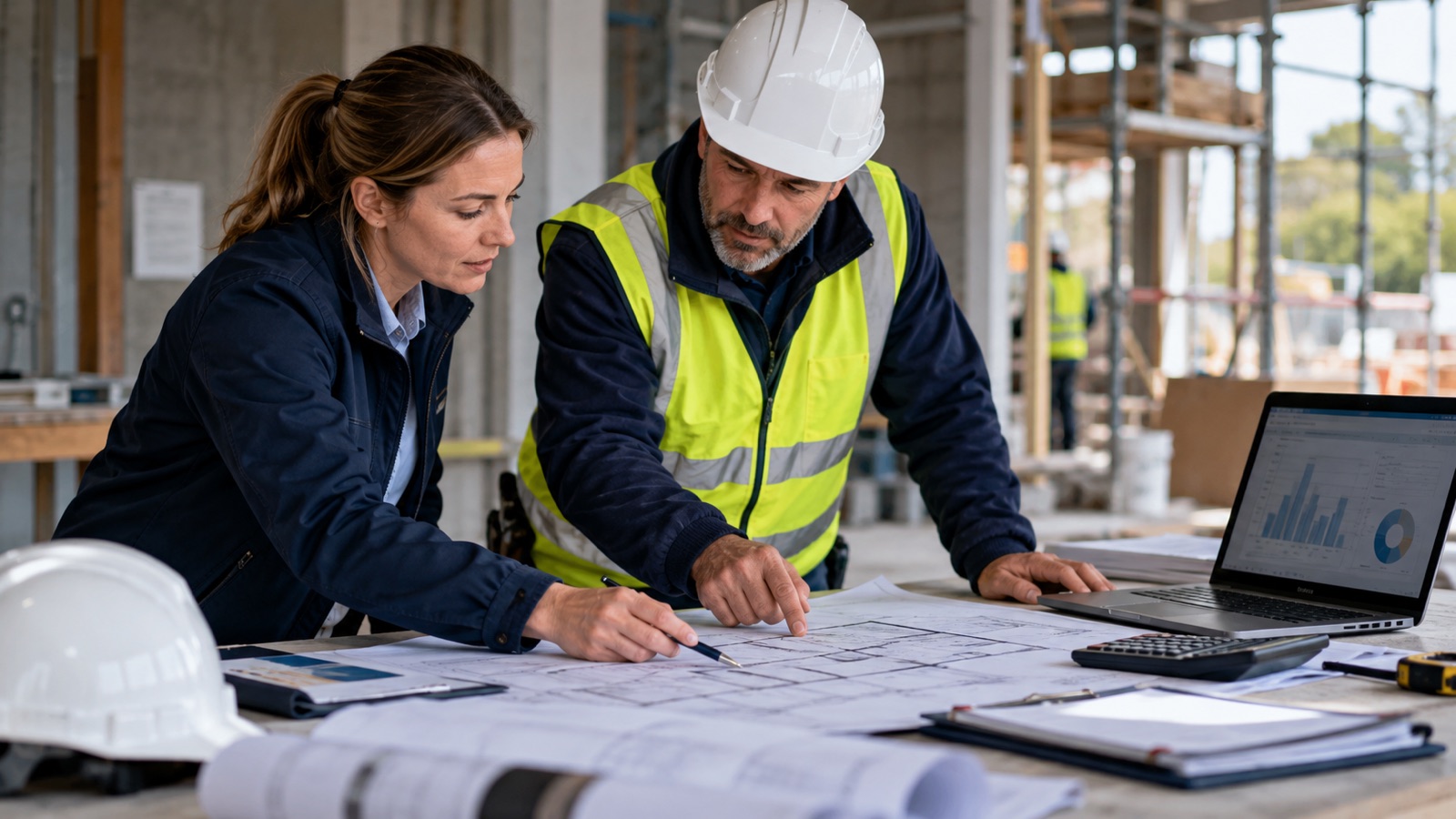 Quantity surveyor and site manager reviewing a variation drawing and cost sheet.