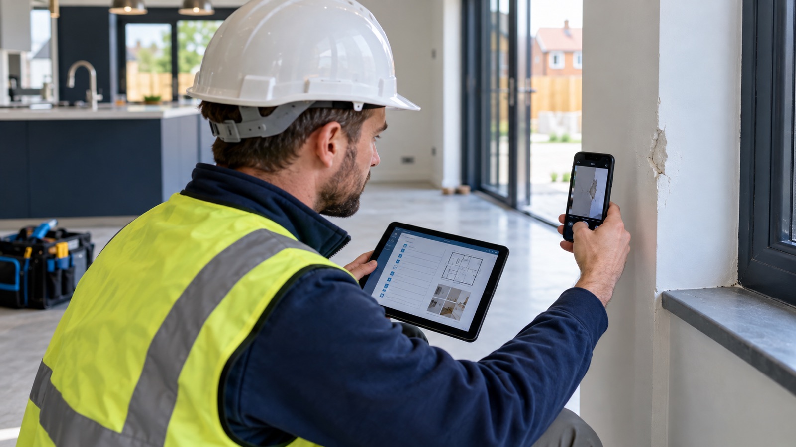 Site inspector photographing a finishing defect beside a handover checklist on a tablet.