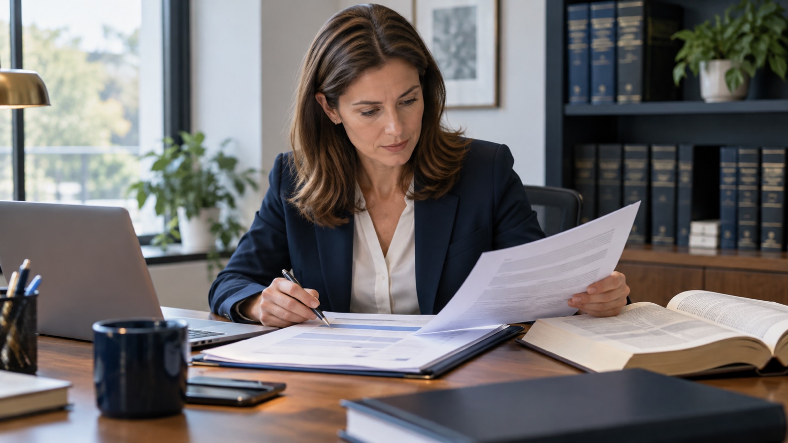 Solicitor reviewing a document draft beside an approved template and reference book.
