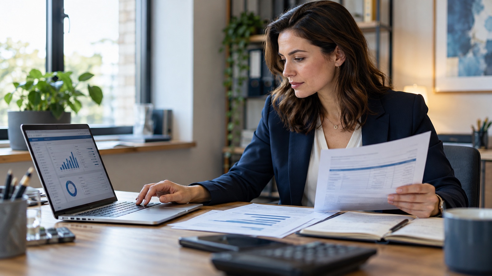 Professional adviser reviewing a timesheet and draft invoice at a laptop.