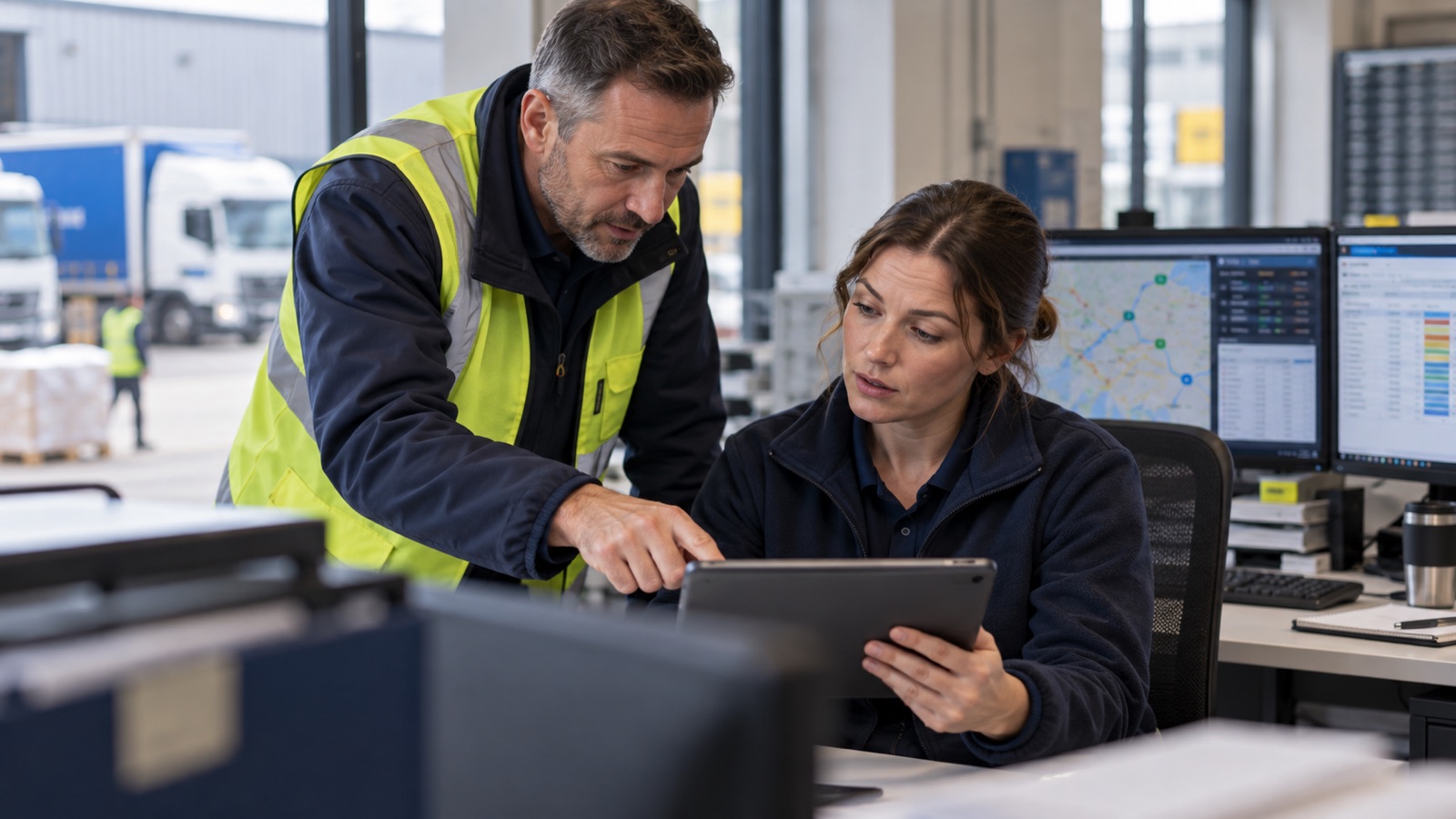 Logistics supervisor discussing a delivery exception on a tablet with a dispatcher.