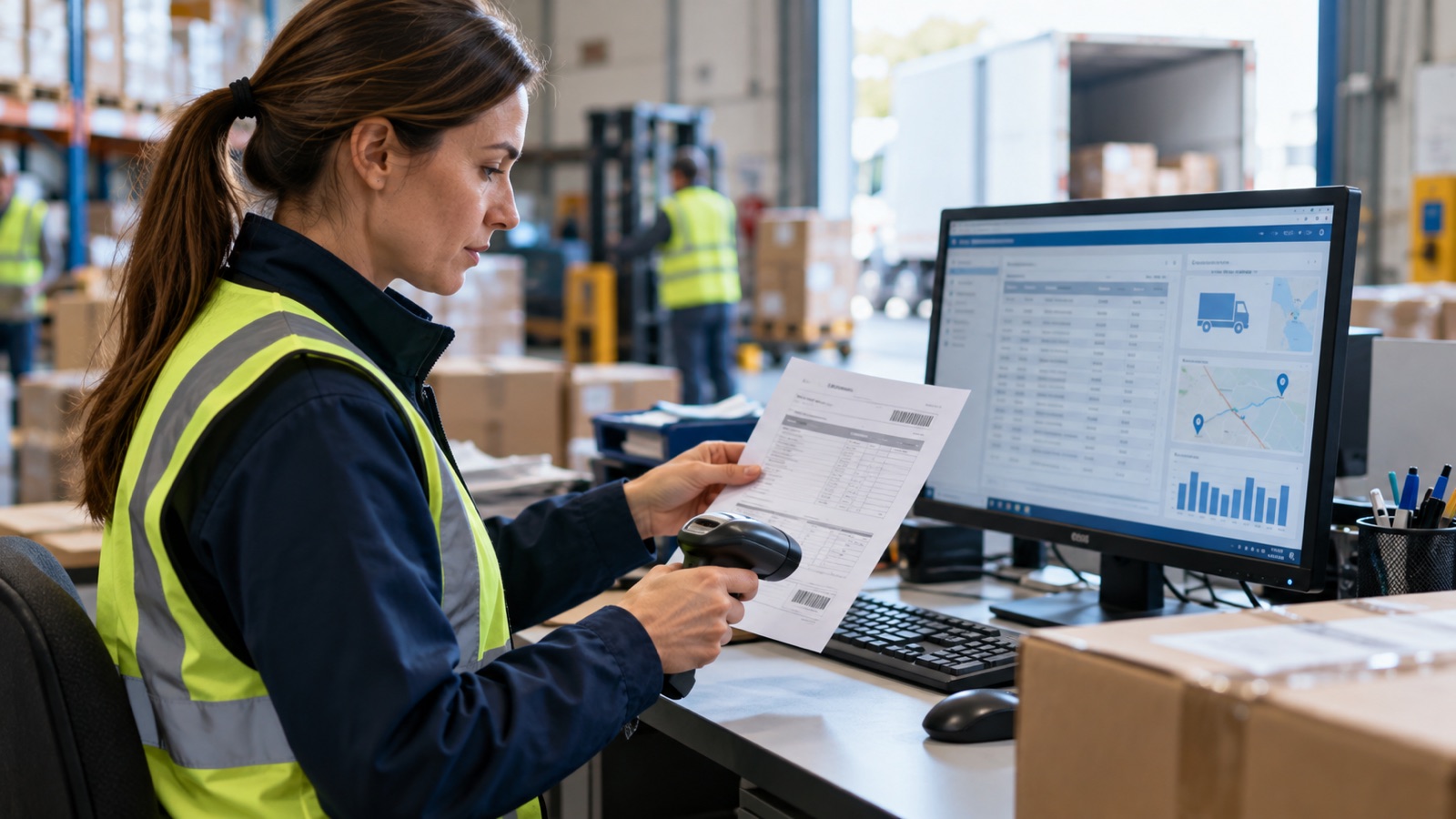 Warehouse administrator checking a scanned delivery note beside a shipment screen.