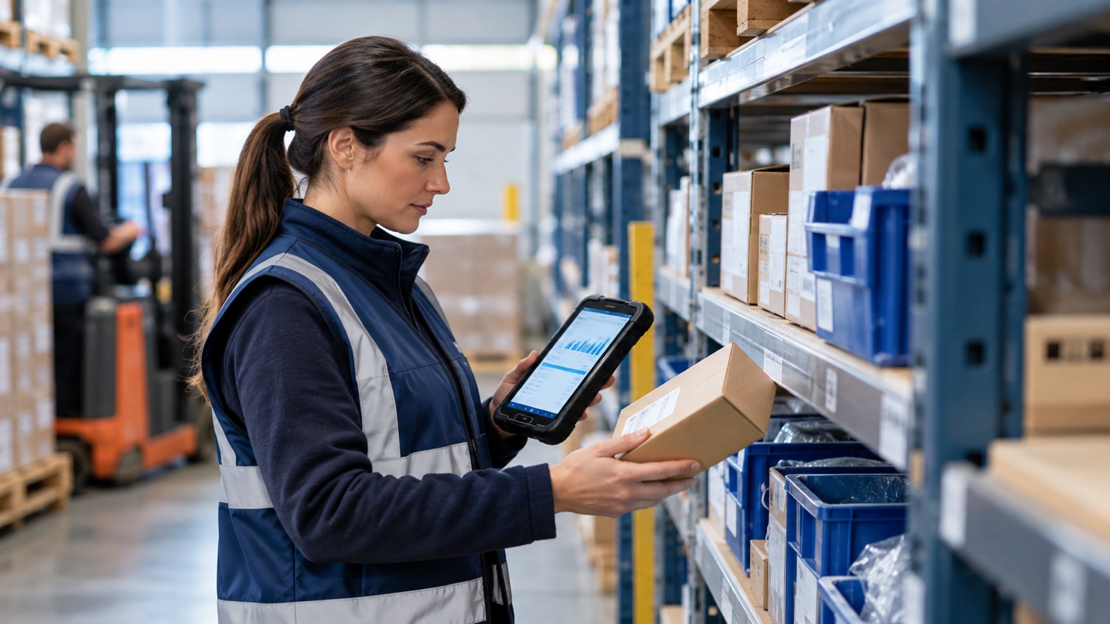 Warehouse planner checking stock levels on a handheld device beside storage shelving.